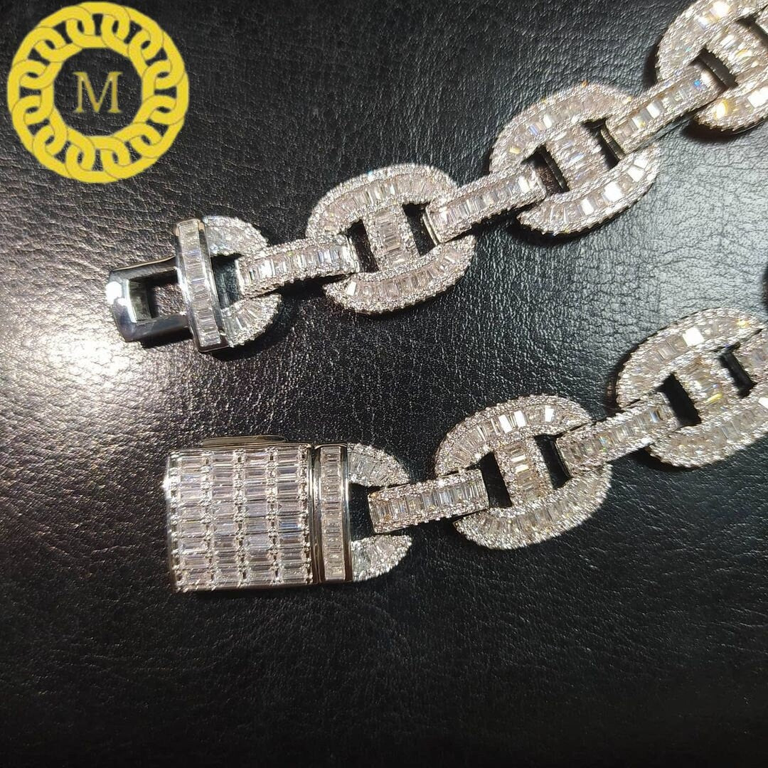 16mm Baguette Mariner Bust Down Chain Real Iced out VVS1 Moissanite Diamond With 14k White Gold Finished In Sterling Silver 925 ,16 - 26 ..