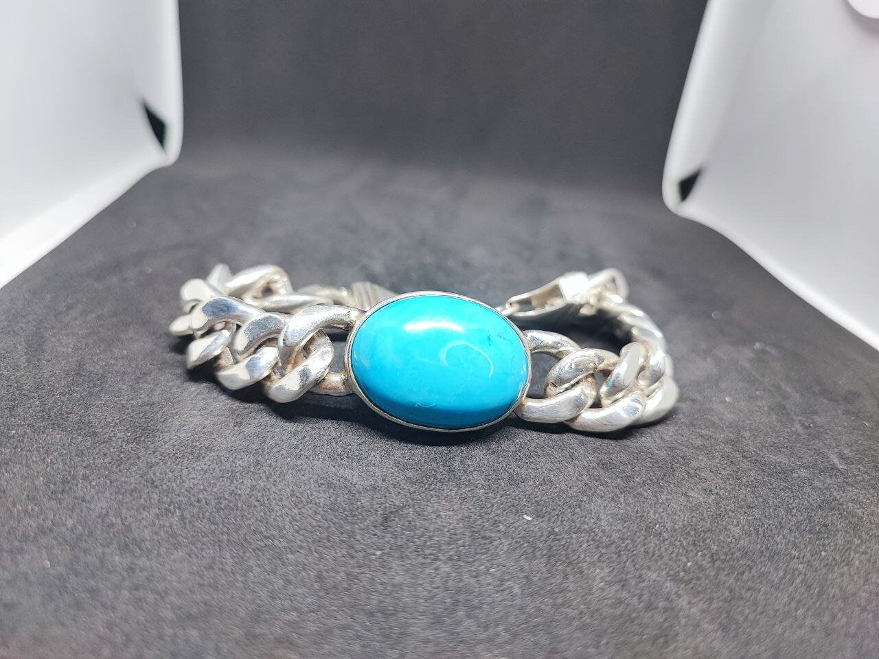 turquoise Cuban Chain Bracelet, 925 Sterling Silver Cabochon Men's Jewelry December Birthstone,heavy Cuban silver Bracelet,Gifts for him
