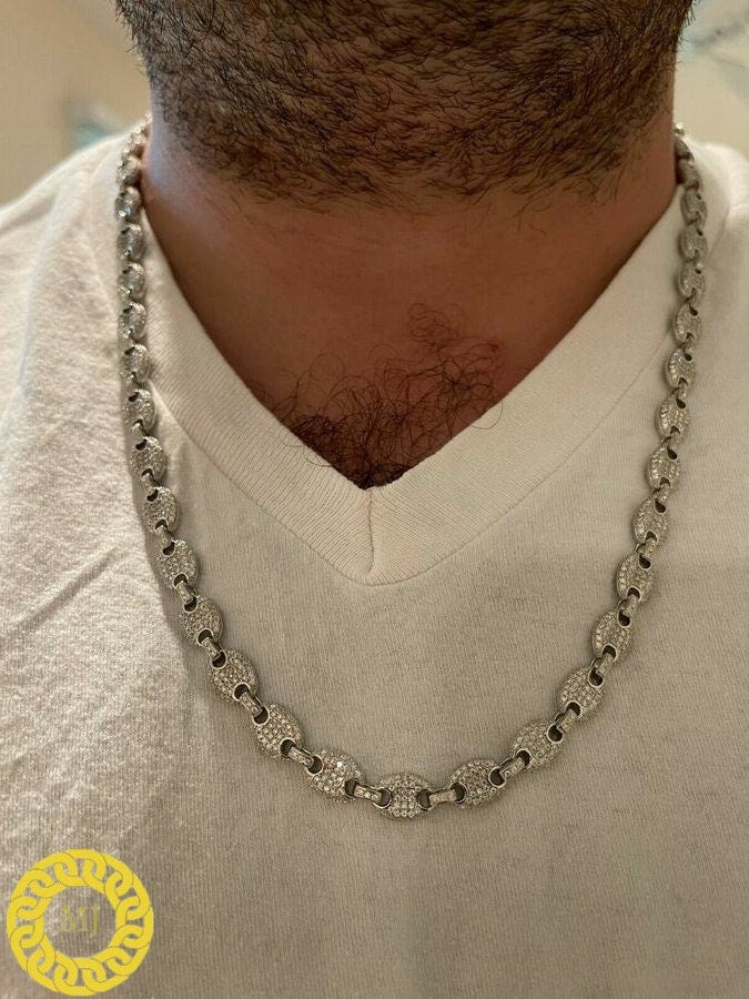 Moissanite VVS1 diamonds Solid 925 Sterling Silver Men's Mariner Puff Links Iced out Moissanite Chain-8mm wide 18-28" Inch" 18k Gold plated
