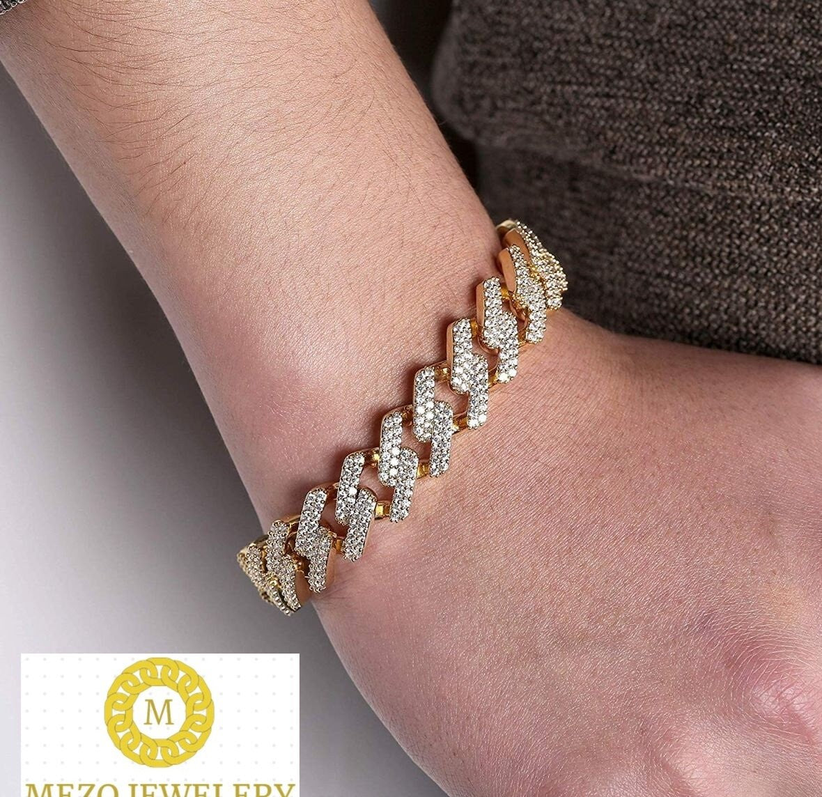 VVS1 Moissanite Diamond Cuban Bracelet Real 925 Silver Large Hip Hop Men's Prong Cuban Bracelet Iced Gold 14MM ,Best Gift For Him