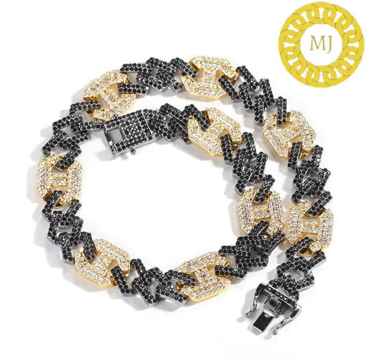 17MM VVS1 Moissanite Diamond Miami Cuban Figaro Chain in Sterling Silver 925, Iced out Two tone 3:1 Figaro Necklace,Pass The Diamond Tester