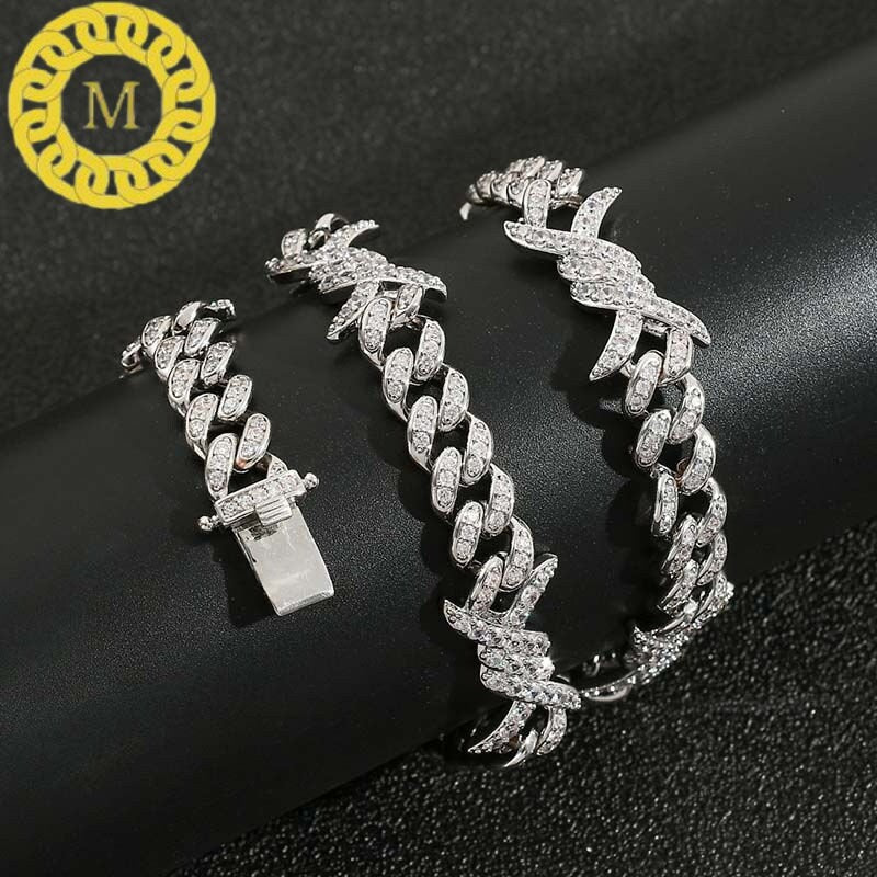 12mm barb wire cuban link chain With 14k White Gold Finished In Sterling Silver 925, VVS1 Moissanite,16"-28'' ,Pass The Diamond Tester