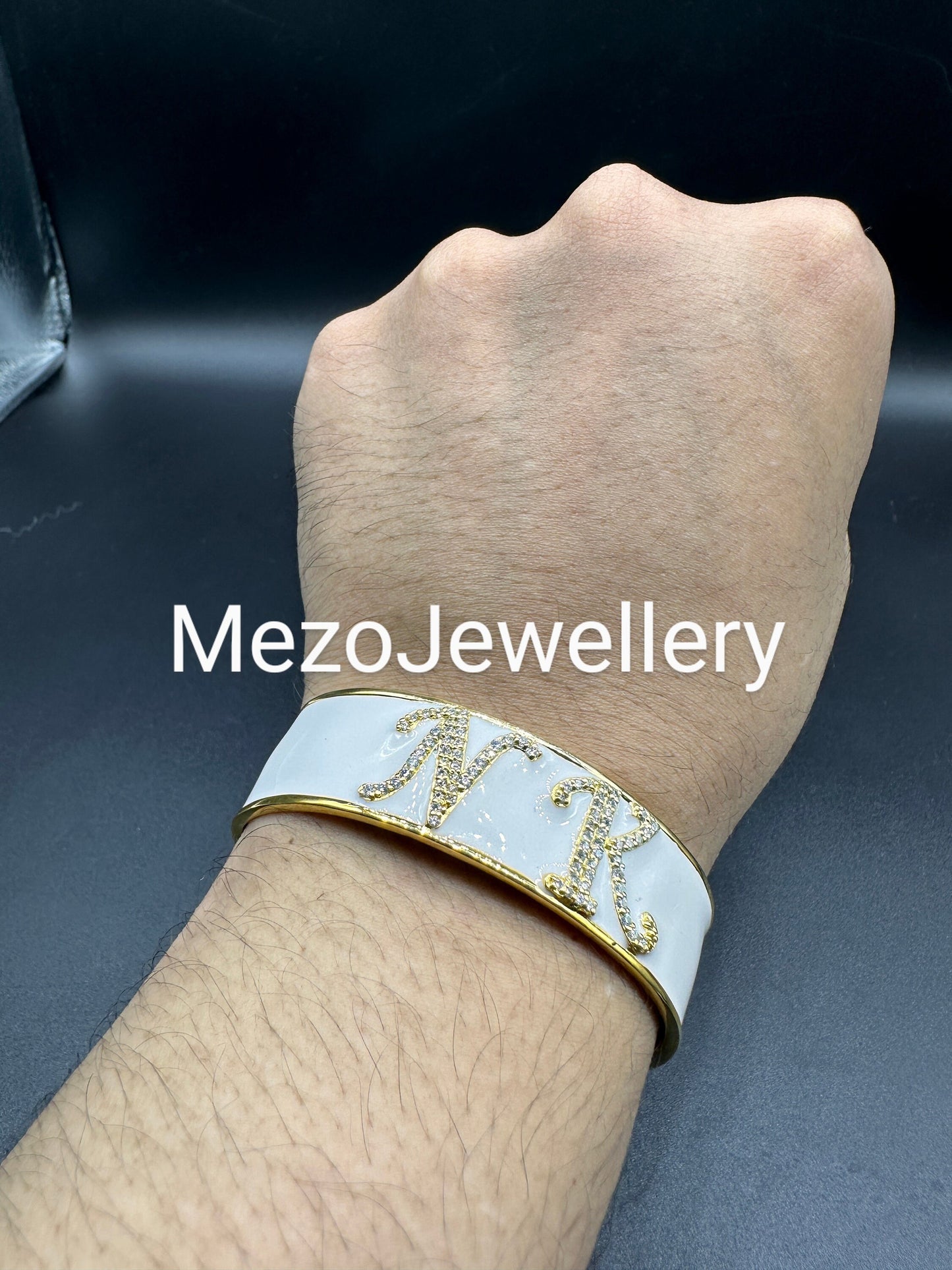 18ct Gold Custom Initial Bracelet, 925 Silver Personalised Enamel Handmade With Names,20mm,Heavy Bangle, Birthday Birthday, Valentines gift