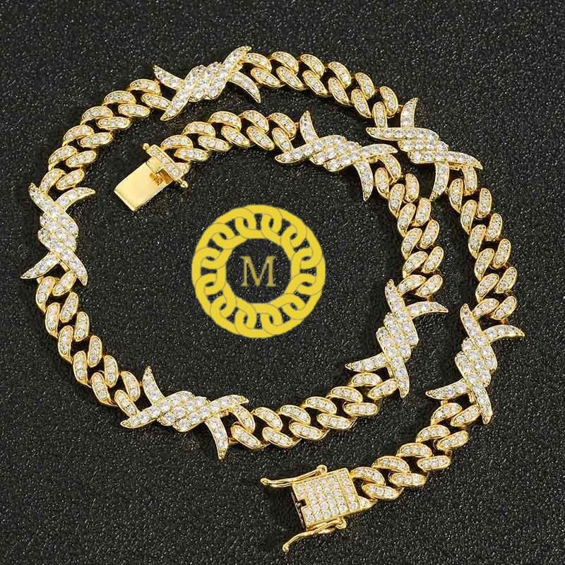 12mm barb wire cuban link chain With 14k White Gold Finished In Sterling Silver 925, VVS1 Moissanite,16"-28'' ,Pass The Diamond Tester