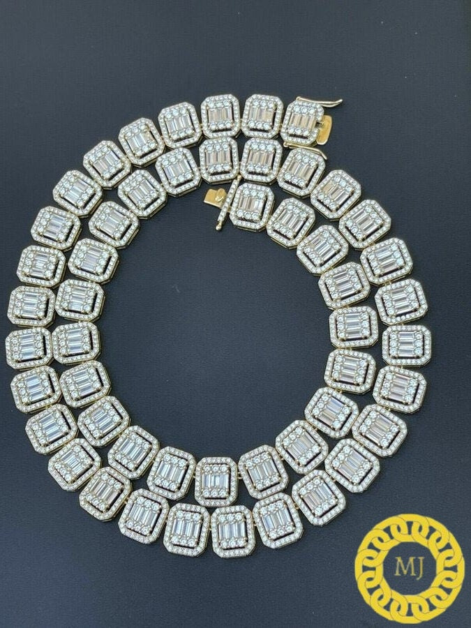 925 Silver Baguette Chain 12mm Men's Iced Diamond Necklace- Moissanite Necklace- Cool Rapper chain-Icy Necklace- Pass The Diamond Tester