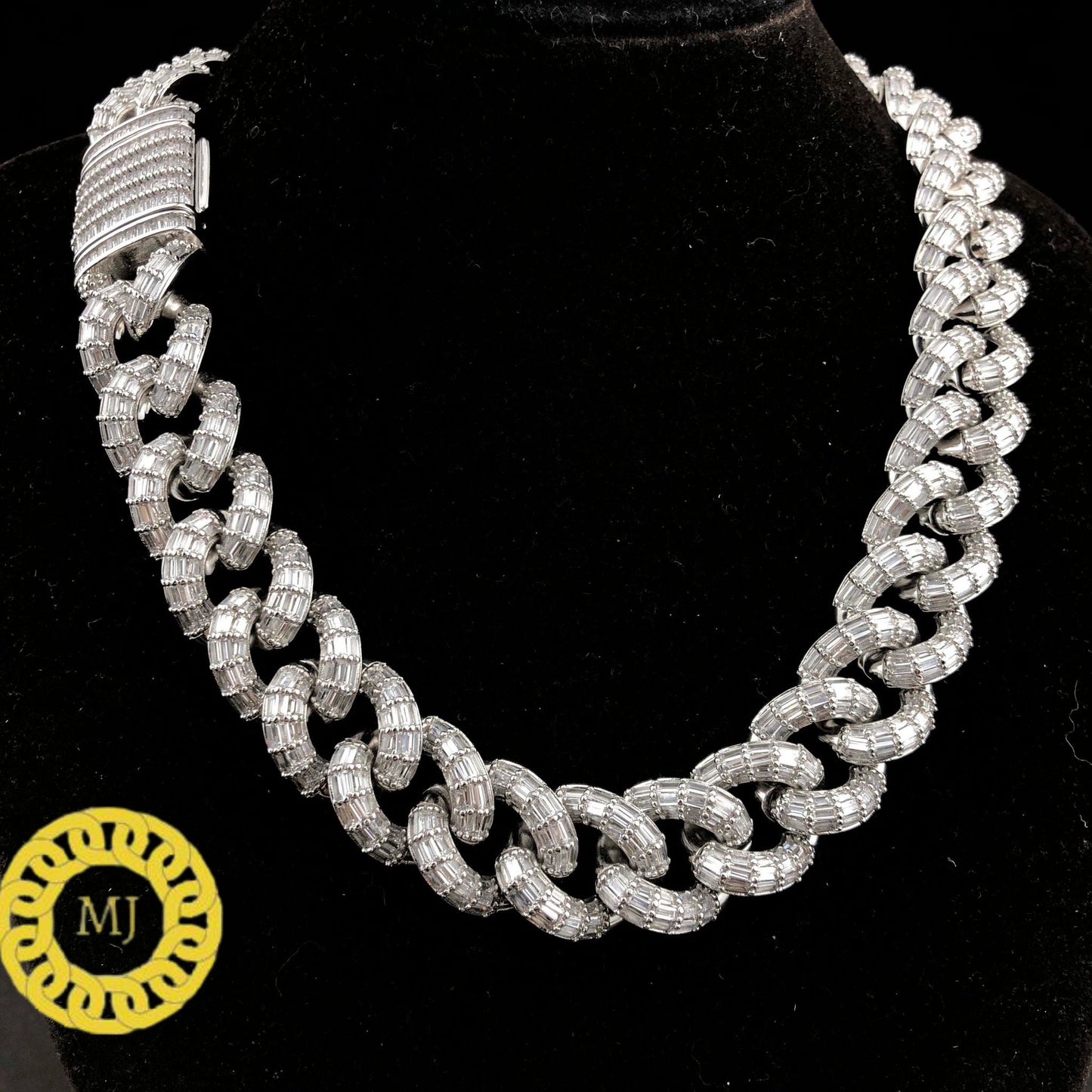 Heavy Solid 925 Sterling Silver Men's VVS1Baguette Moissanite Diamonds Chain-3 Row Baguette Ice Crazy Hip Hop 19MM Cuban Link Chain Necklace