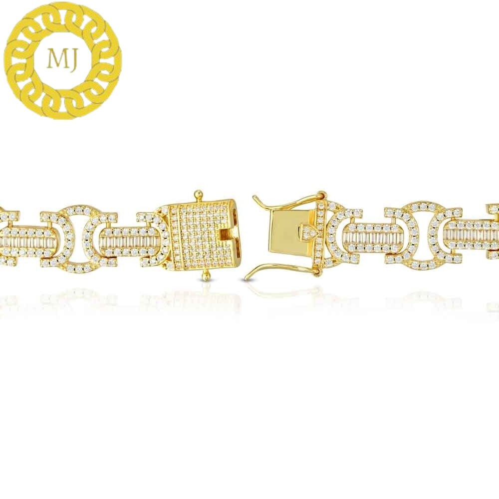 Heavy Solid 925 Sterling Silver | VVS1 Moissanite Diamonds Studded 15 mm flat Byzantine Bracelet | 18k Gold plated Iced Out Bracelet