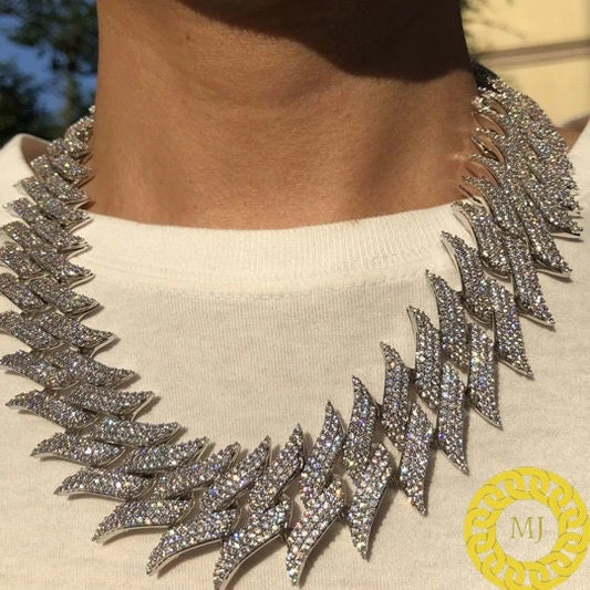 Heavy Solid 925 Sterling Silver Men's VVS1 Moissanite Diamonds Studded spiked Cuban Chain,Icedout Rapper chains,30mm wide, Quality Box Clasp