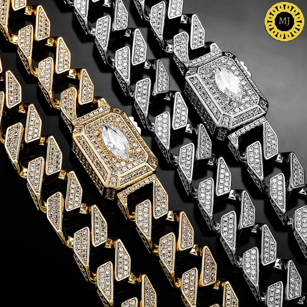 Heavy Solid 925 Sterling Silver Men's VVS1 Moissanite Diamonds Studded Cuban Chain,Icedout Rapper chain,12mm wide,Marquise Quality Box Clasp