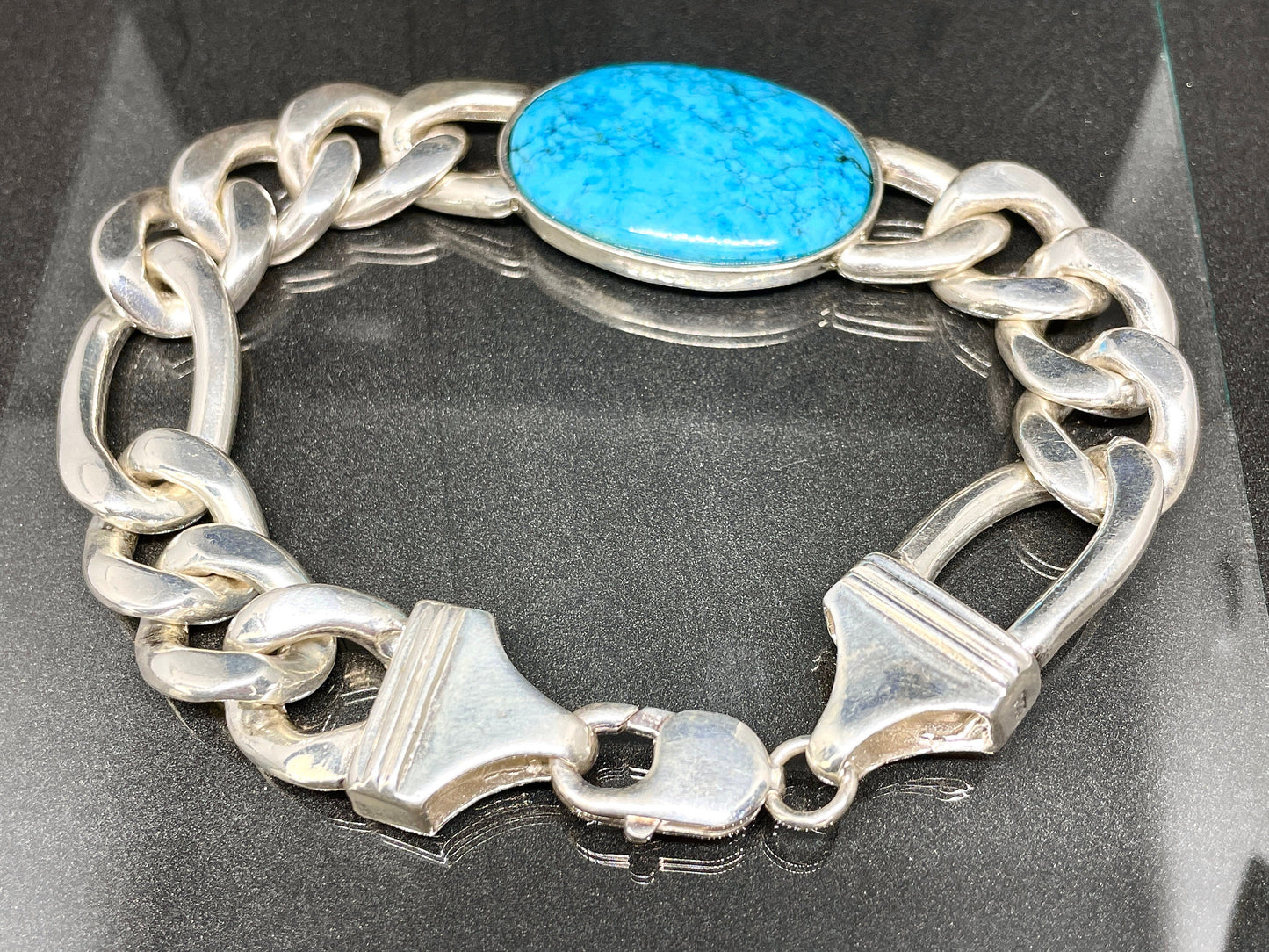 turquoise figaro Chain Bracelet, 925 Sterling Silver Cabochon Men's Jewelry December Birthstone,heavy Figaro silver Bracelet,Gifts for him