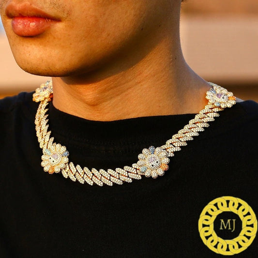 14MM VVS1 SUNFLOWER Moissanite Diamond Miami Cuban Chain With 14k White Gold Finished In Sterling Silver 925 ,Pass The Diamond Tester