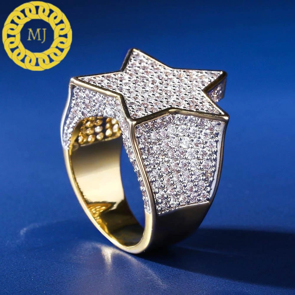 Mens Sterling Silver Iced Out Star Ring Moissanite Diamond Ring Hip Hop Designer Custom Ring 14K Gold Finish Handmade Moissanite jewelry