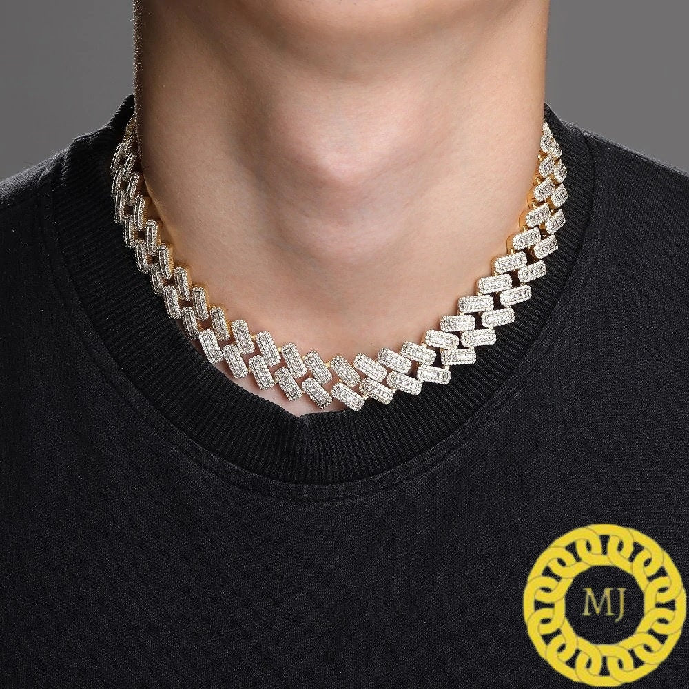 Heavy Solid 925 Sterling Silver Men's VVS1 Moissanite Baguette Studded Cuban Chain,Icedout Rapper chains,20mm wide, Quality Box Clasp
