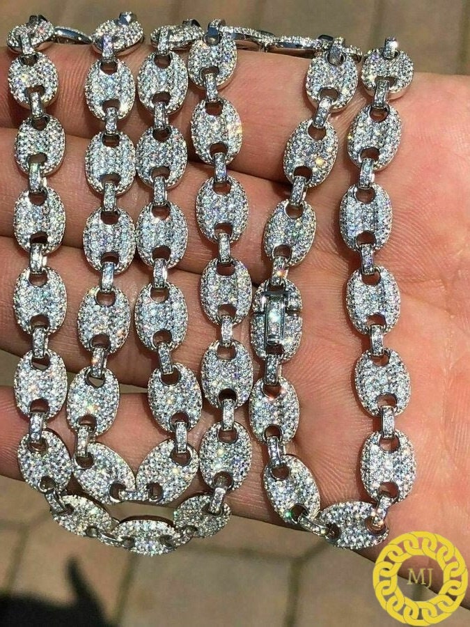 Moissanite VVS1 diamonds Solid 925 Sterling Silver Men's Mariner Puff Links Iced out Moissanite Chain-8mm wide 18-28" Inch" 18k Gold plated