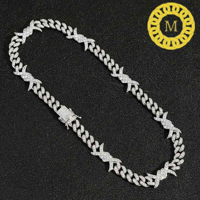 12mm barb wire cuban link chain With 14k White Gold Finished In Sterling Silver 925, VVS1 Moissanite,16"-28'' ,Pass The Diamond Tester
