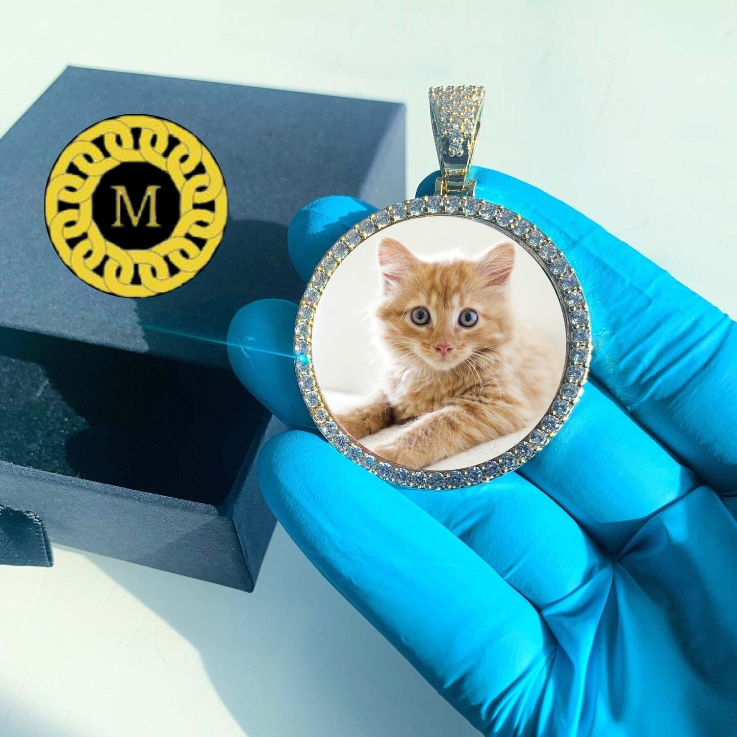 Customize Photo Pendant in Real Moissanite Diamonds For Men's and Women's/ 14k Yellow Gold Plated Silver/ Custom Photo, Passing any Tester