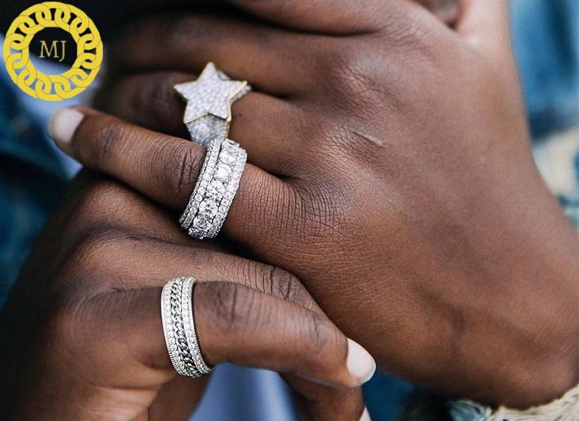Mens Sterling Silver Iced Out Star Ring Moissanite Diamond Ring Hip Hop Designer Custom Ring 14K Gold Finish Handmade Moissanite jewelry
