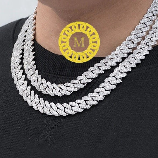 12MM VVS1 Moissanite Diamond Miami Cuban Chain With 14k White Gold Finished In Sterling Silver 925 , 16 - 26'' ,Pass The Diamond Tester