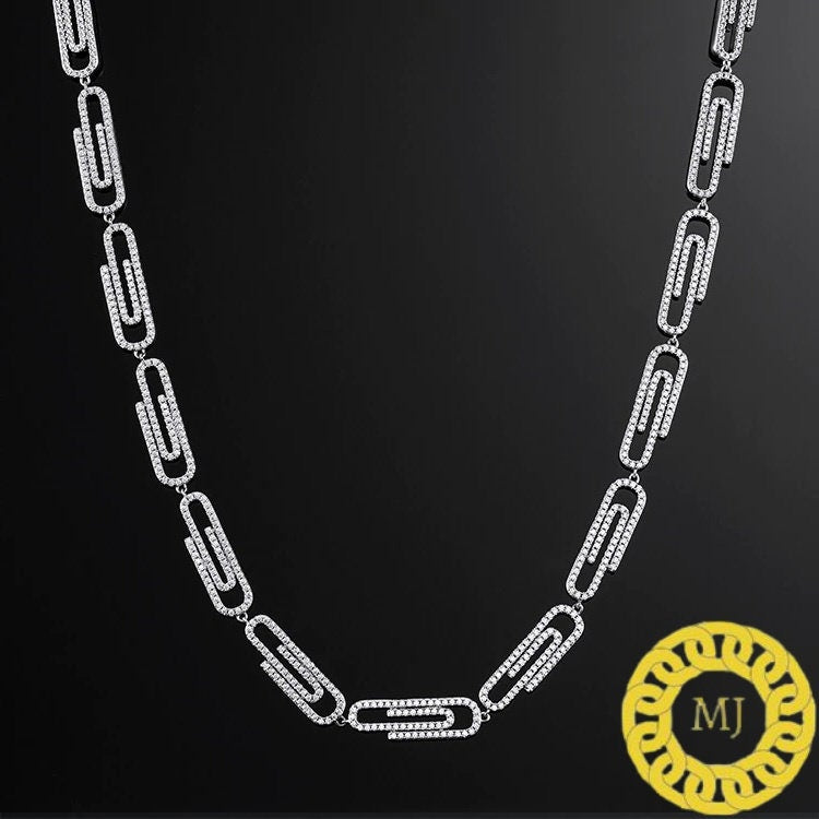 Heavy Solid 925 Sterling Silver Men's VVS1 Moissanite Diamonds Studded Paper clip Chain,Icedout Rapper chains,8mm wide,Icy Hiphop chain