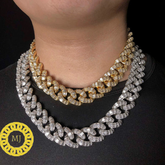 Heavy Solid 925 Sterling Silver Men's VVS1Baguette Moissanite Diamonds Chain-3 Row Baguette Ice Crazy Hip Hop 19MM Cuban Link Chain Necklace