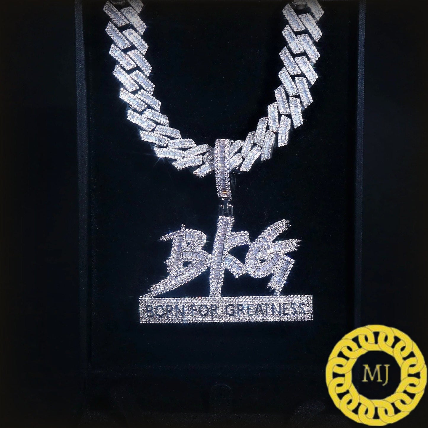 Silver Luxury Iced Out Baguette Born For Greatness Pendant , Hip Hop Jewelry, Gift For Him,Rapper Icy BFG Pendants ,Personalized Jewelry