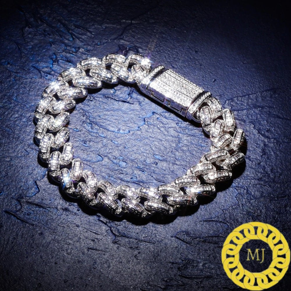 Men's Unique Custom Made Iced Out Baguette Solid 925 Sterling Silver Bracelet , 14 mm Miami square Moissanite diamond Bracelet,icedout