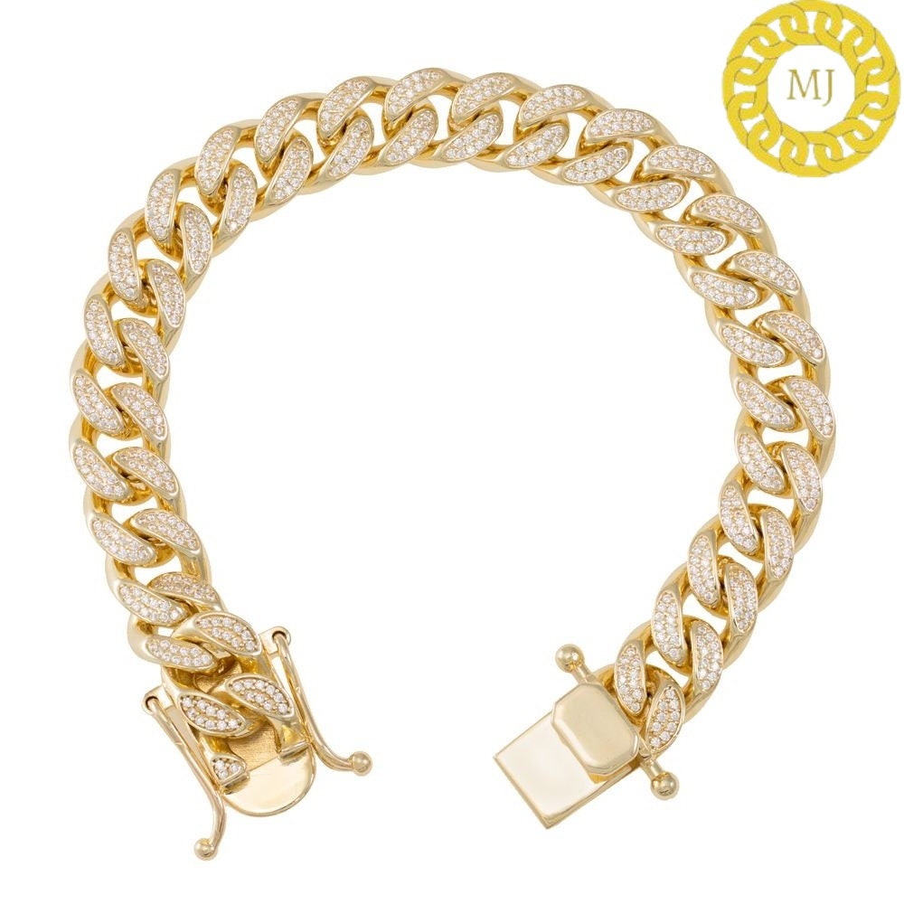 Heavy Solid 925 Sterling Silver | VVS1 Moissanite Diamonds Studded |Curb Bracelet-12 mm wide 6-9 Inch" | 18k Gold plated Iced Out Bracelet