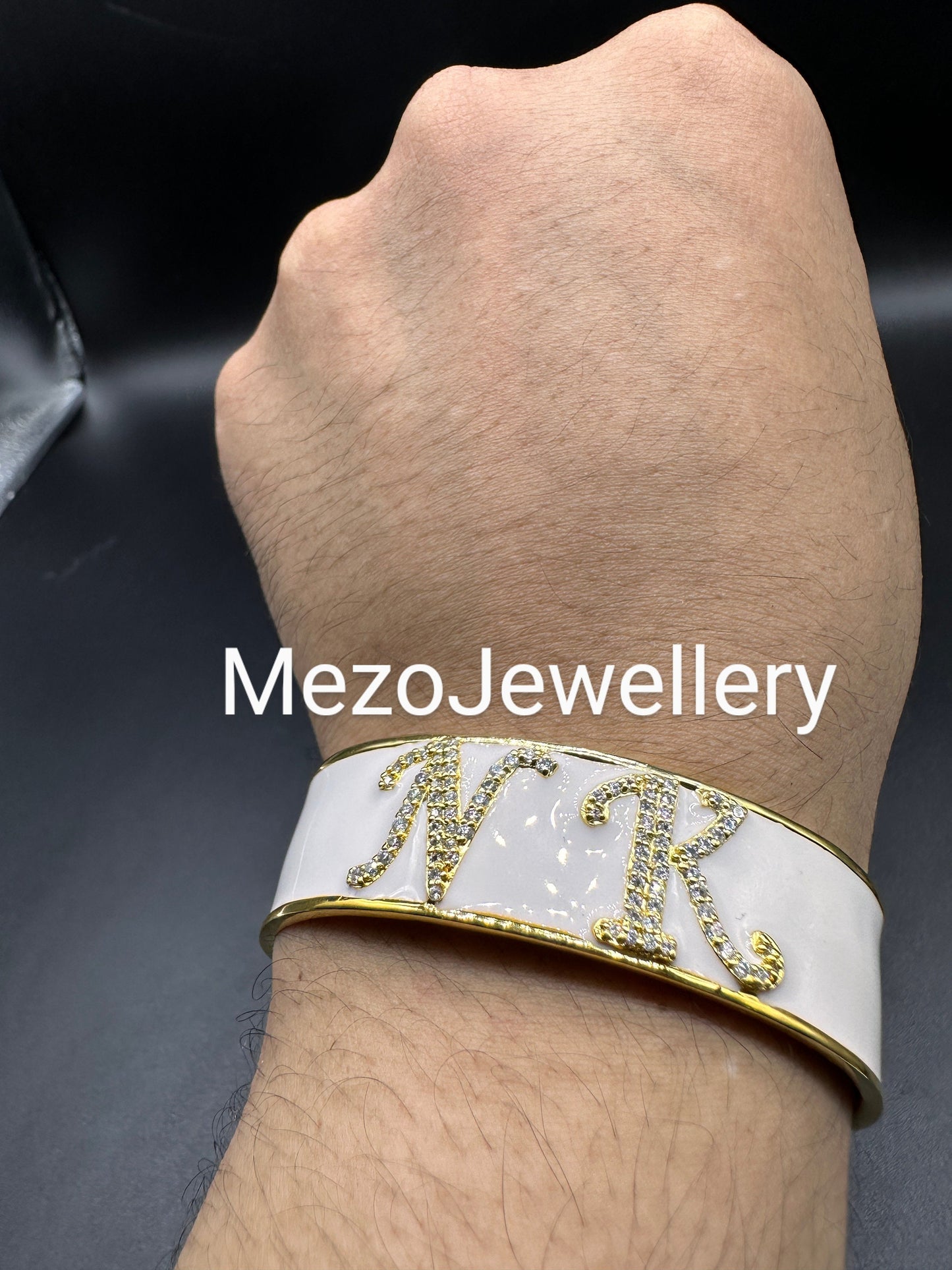 18ct Gold Custom Initial Bracelet, 925 Silver Personalised Enamel Handmade With Names,20mm,Heavy Bangle, Birthday Birthday, Valentines gift
