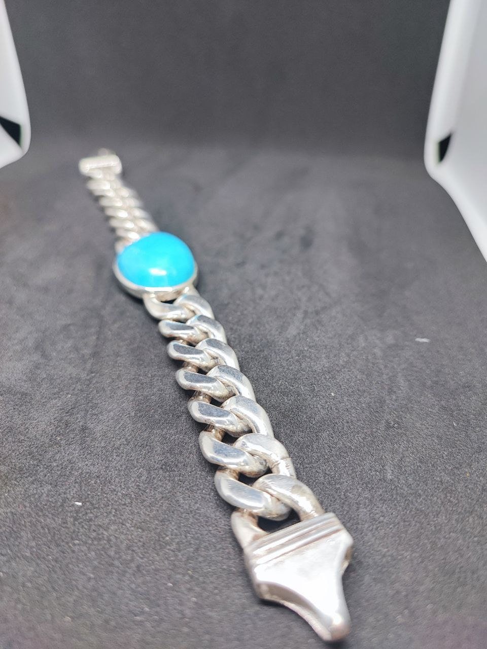 turquoise Cuban Chain Bracelet, 925 Sterling Silver Cabochon Men's Jewelry December Birthstone,heavy Cuban silver Bracelet,Gifts for him