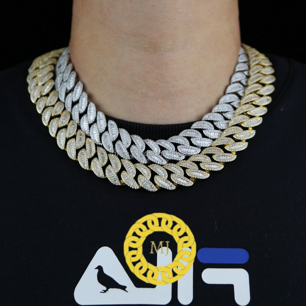 Heavy Solid 925 Sterling Silver Men's VVS1 Moissanite Baguette Studded Cuban Chain,Icedout Rapper chains,20mm wide, Quality Box Clasp