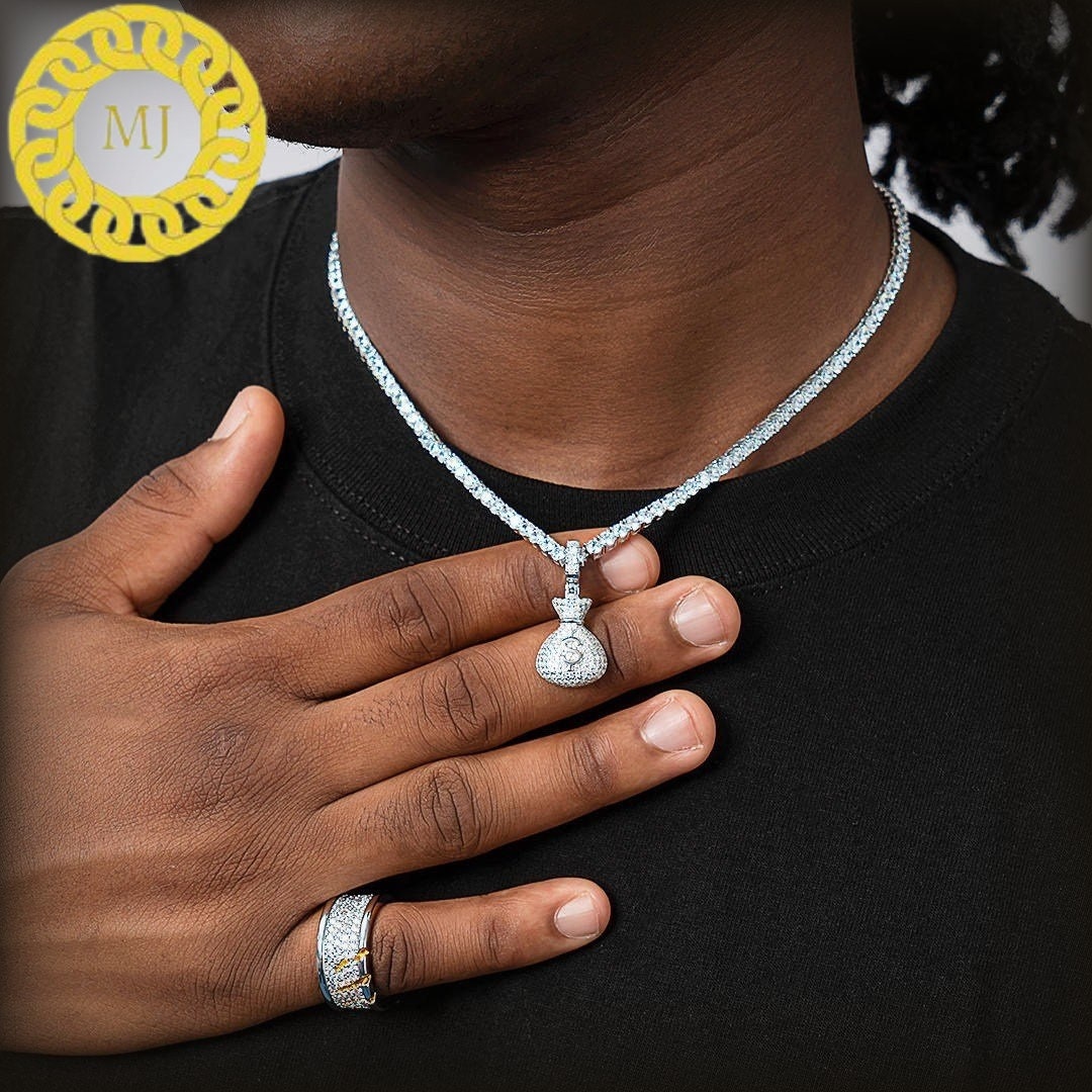 Moneybag Hip Hop Pendant Money Bag Pendant Charm MoneyBag Pendant Iced Money Bag Iced Moneybag Silver Gift Hiphop Moissanite Diamond Pendant