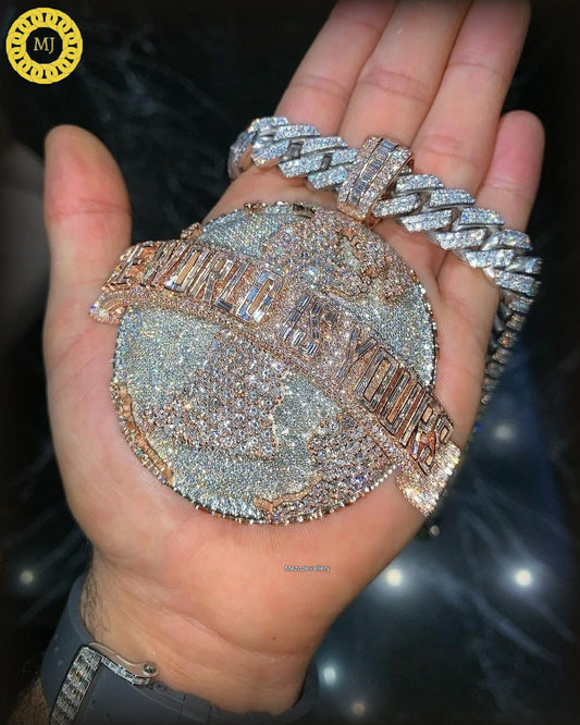 Custom Fully Iced Round Letter Pendant /VVS Moissanite Diamond Round Diamond / 3D ice Out /World is Yours Pendant 925 Sterling Silver 3 inch