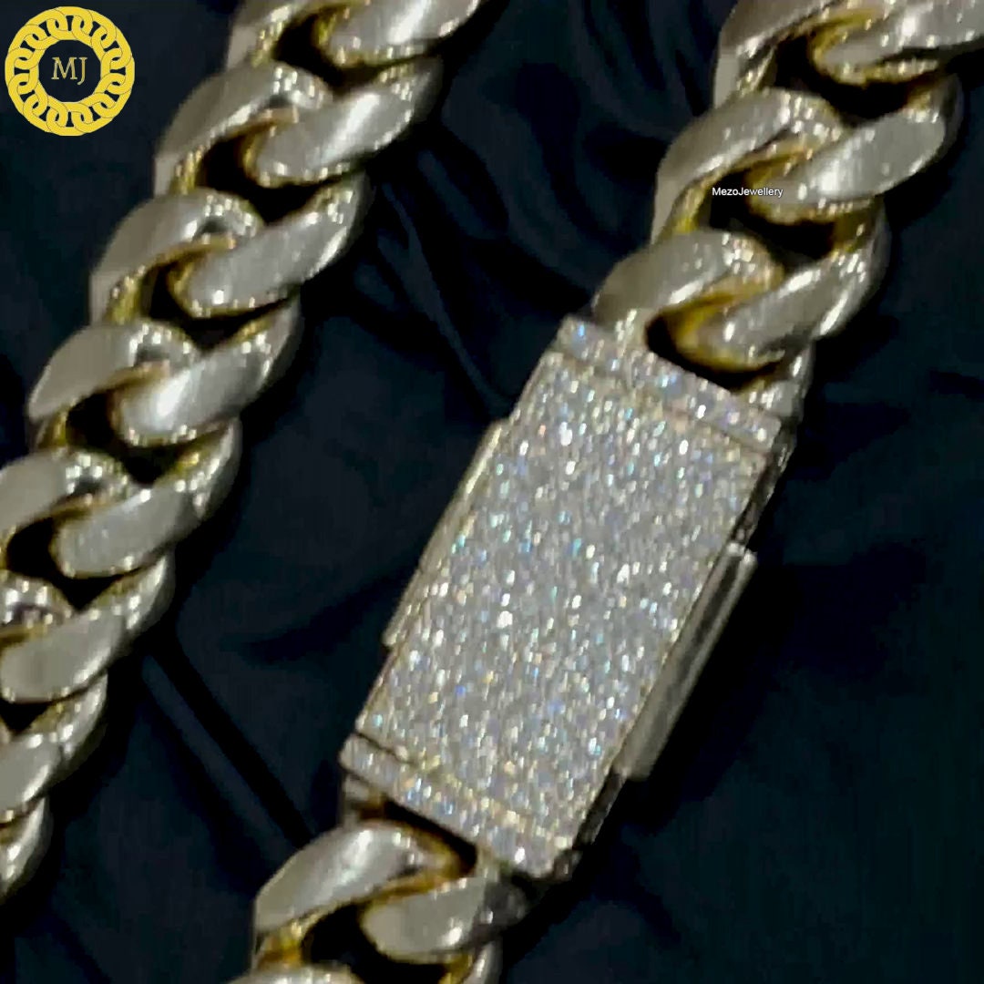 10 mm Miami Cuban Link Chain Heavy Solid 925 Sterling Silver 14K Gold Plated Curb Chain For Men And Women Hip Hop Chain, Icedout clasp lock