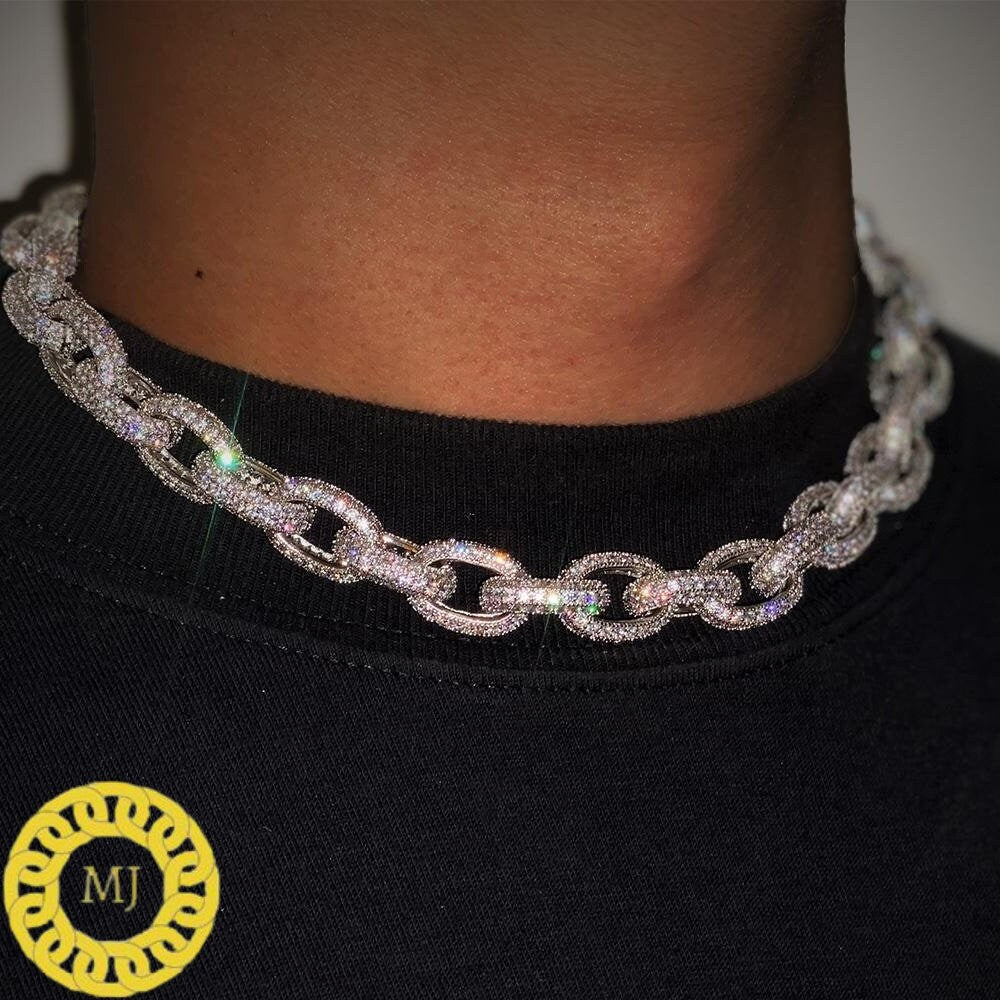 12MM Rolo Cuban Chain | 14K Yellow Gold Finished in 925 Solid Silver | VS1 Quality Moissanite | 16-28 Inches, pass diamond Tester ,Icy chain