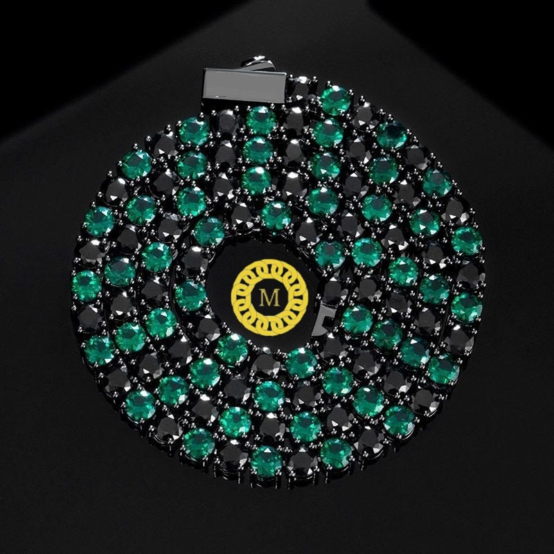 Emerald and black diamond Tennis Necklace,SOLID 925 Sterling Silver Iced Out Tennis Chain Single Row 16"-28",Black and green unique Necklace