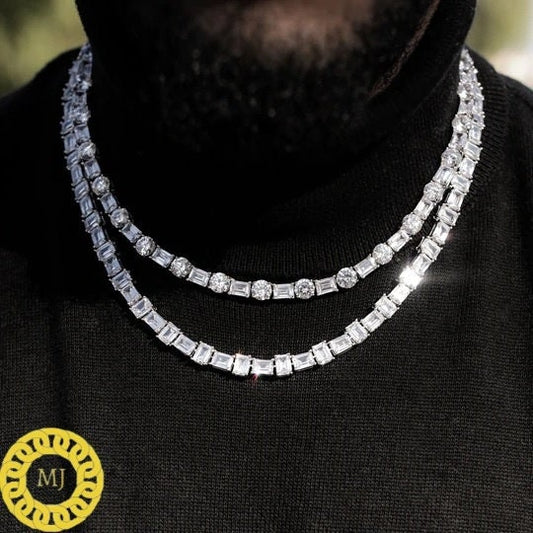 Men's Women's Solid 925 Sterling Silver VVS1 D Moissanite Emerald & round cut Tennis chain , Rapper Tennis necklace ,Pass The Diamond Tester