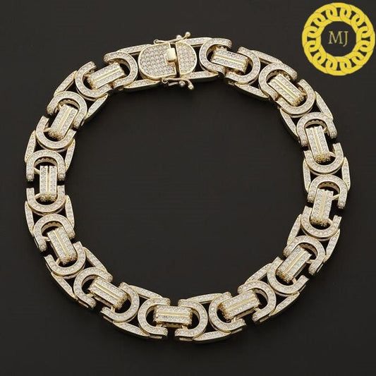 Heavy Solid 925 Sterling Silver | VVS1 Moissanite Diamonds Studded 12 mm flat Byzantine Bracelet | 18k Gold plated Iced Out Bracelet