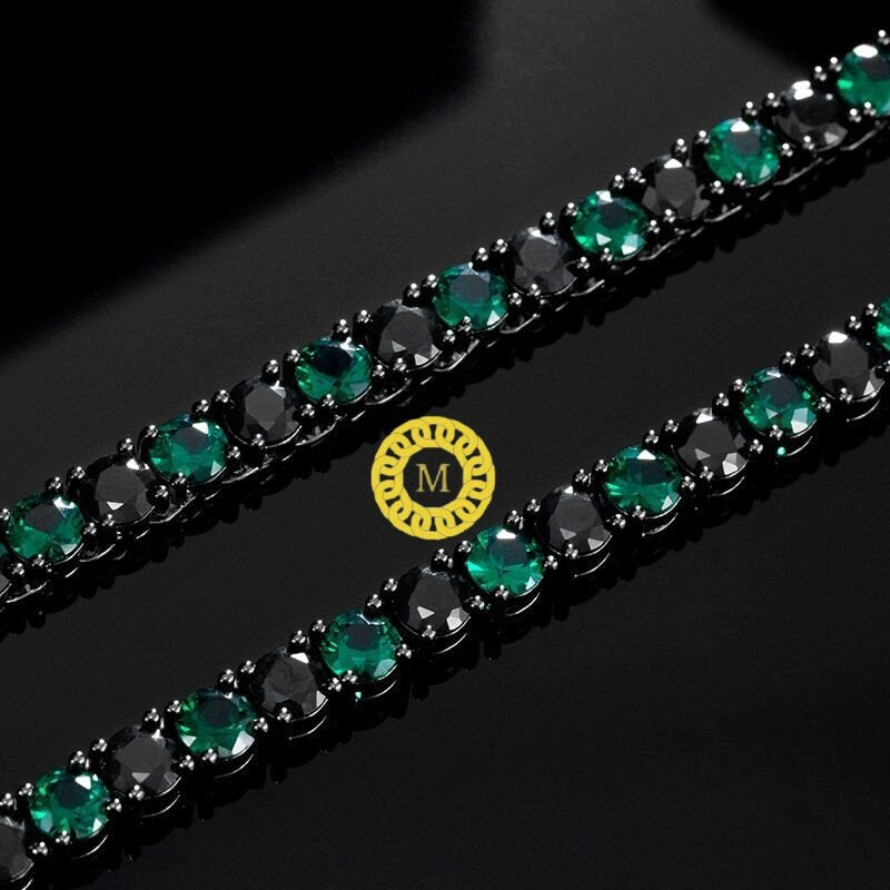 Emerald and black diamond Tennis Necklace,SOLID 925 Sterling Silver Iced Out Tennis Chain Single Row 16"-28",Black and green unique Necklace