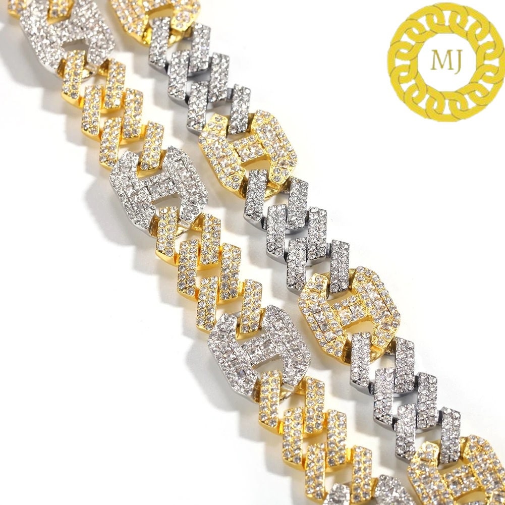 17MM VVS1 Moissanite Diamond Miami Cuban Figaro Chain in Sterling Silver 925, Iced out Two tone 3:1 Figaro Necklace,Pass The Diamond Tester