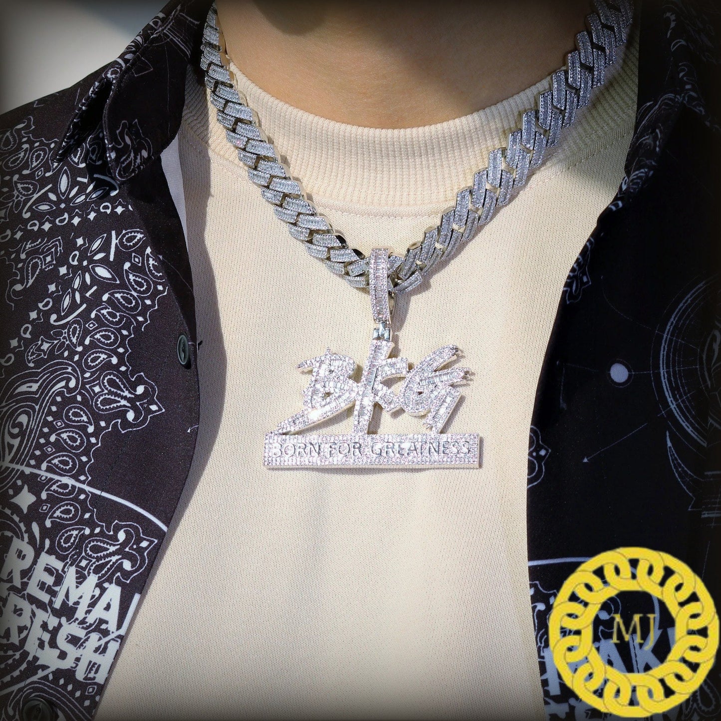 Silver Luxury Iced Out Baguette Born For Greatness Pendant , Hip Hop Jewelry, Gift For Him,Rapper Icy BFG Pendants ,Personalized Jewelry