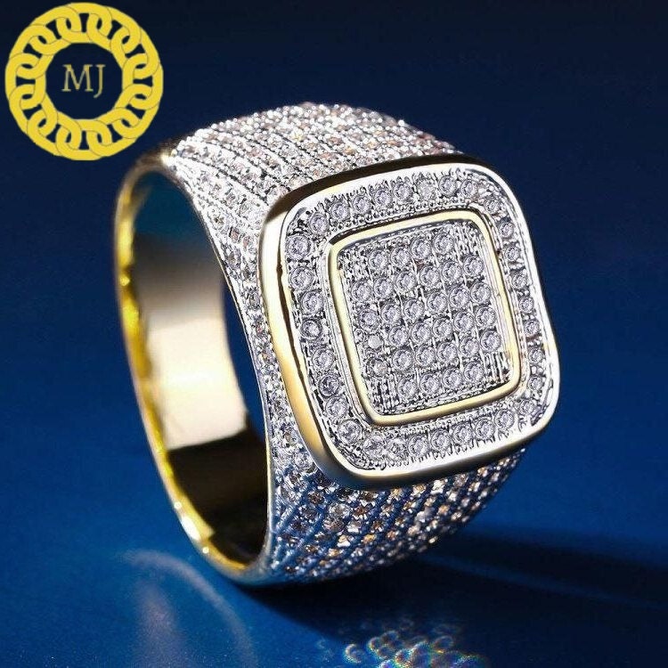 Square Micro Pave Set Diamond Ring, Moissanite Iced Out Diamond Ring For Men , Wedding Groom's Ring, Diamond Signet Ring, Hip-Hop Men's Ring