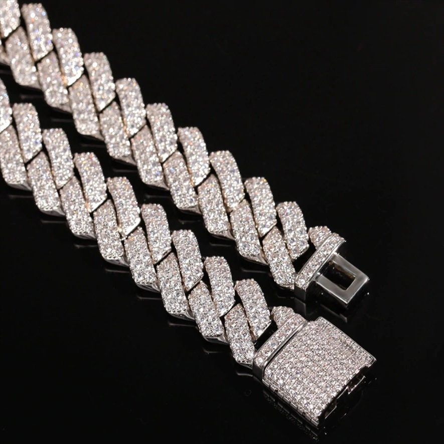 13MM VVS1 Moissanite Diamond Miami Cuban Chain With 14k White Gold Finished In Sterling Silver 925,Super Icedout ,Pass The Diamond Tester