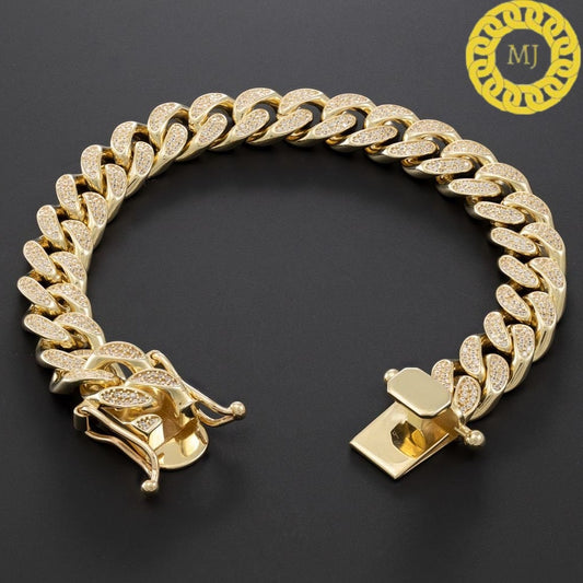 Heavy Solid 925 Sterling Silver | VVS1 Moissanite Diamonds Studded |Curb Bracelet-12 mm wide 6-9 Inch" | 18k Gold plated Iced Out Bracelet
