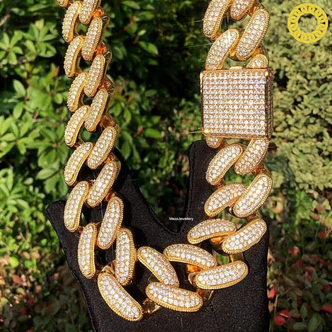 Heavy Solid 925 Sterling Silver Men's VVS1 Moissanite Diamonds Studded Cuban Chain,Icedout Rapper chains,40mm wide, Icy Quality Box Clasp