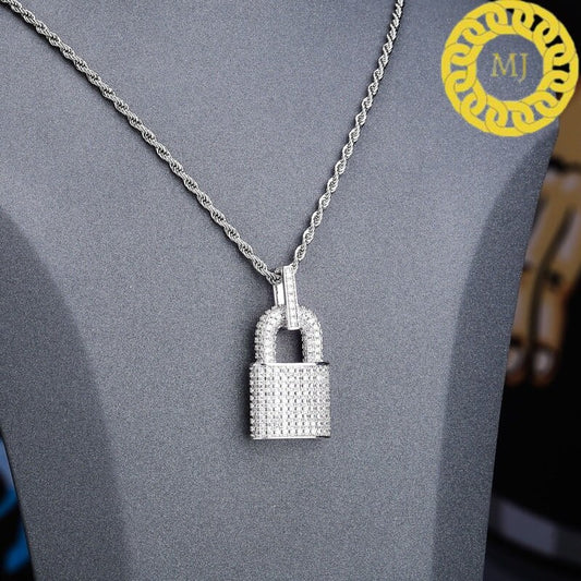 Padlock necklace, Silver Moissanite Lock Pendant Necklace 3mm Rope Chain Iced Out Bling Moissanite Charm Choker For Men Women Hip Hop