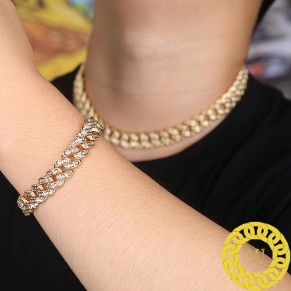 Men's Unique Custom Made Iced Out Baguette Solid 925 Sterling Silver Bracelet , 14 mm Miami square Moissanite diamond Bracelet,icedout