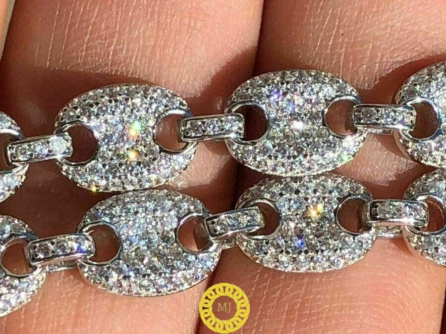 Moissanite VVS1 diamonds Solid 925 Sterling Silver Men's Mariner Puff Links Iced out Moissanite Chain-8mm wide 18-28" Inch" 18k Gold plated
