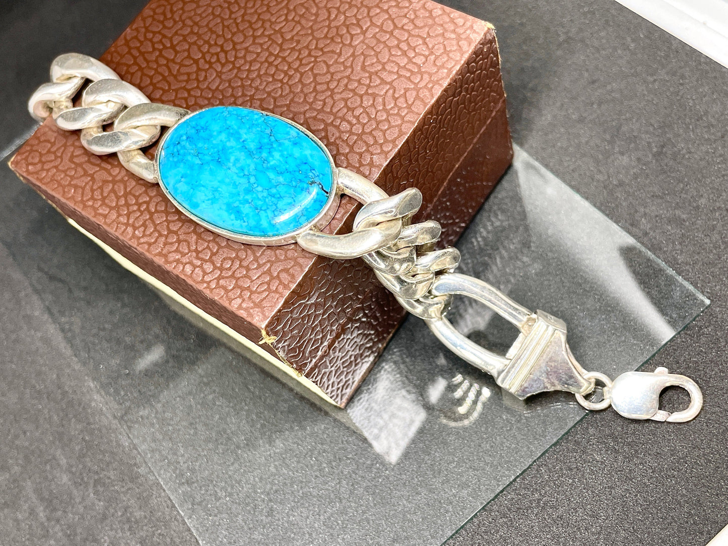 turquoise figaro Chain Bracelet, 925 Sterling Silver Cabochon Men's Jewelry December Birthstone,heavy Figaro silver Bracelet,Gifts for him