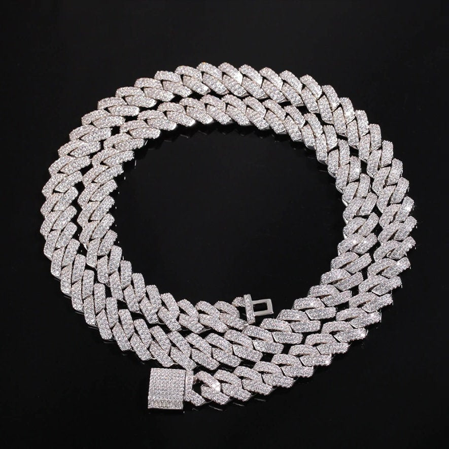 13MM VVS1 Moissanite Diamond Miami Cuban Chain With 14k White Gold Finished In Sterling Silver 925,Super Icedout ,Pass The Diamond Tester