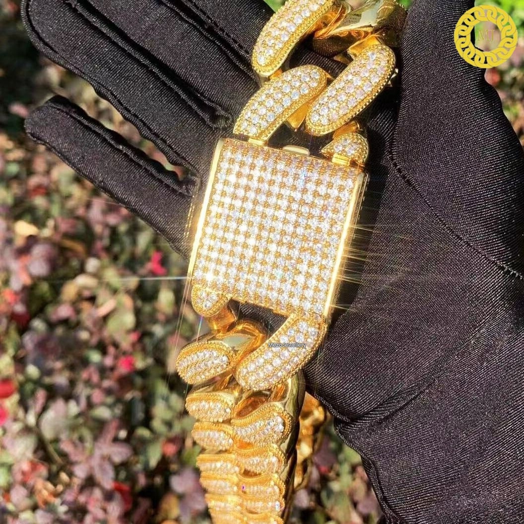 Heavy Solid 925 Sterling Silver Men's VVS1 Moissanite Diamonds Studded Cuban Chain,Icedout Rapper chains,40mm wide, Icy Quality Box Clasp
